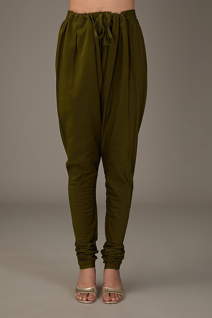 Olive Green Chanderi Silk Zardosi Work Wedding Anarkali Set by RICHA AHLUWALIA at Pernia's Pop Up Shop