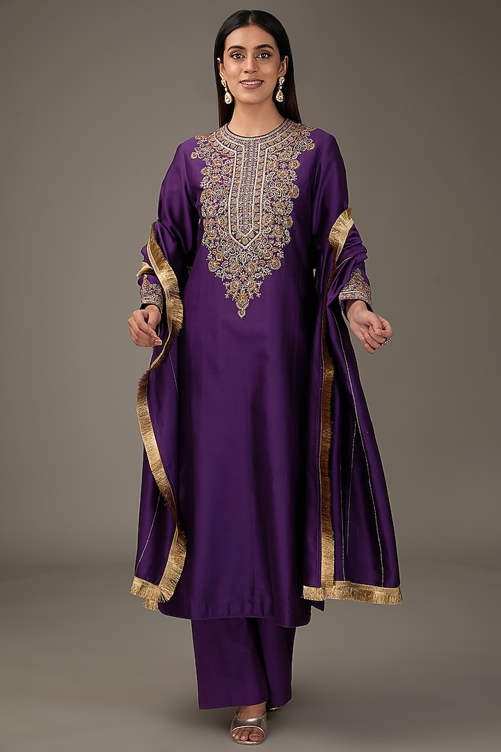 Purple Chanderi Zari Embroidered Kurta Set by RICHA AHLUWALIA at Pernia's Pop Up Shop