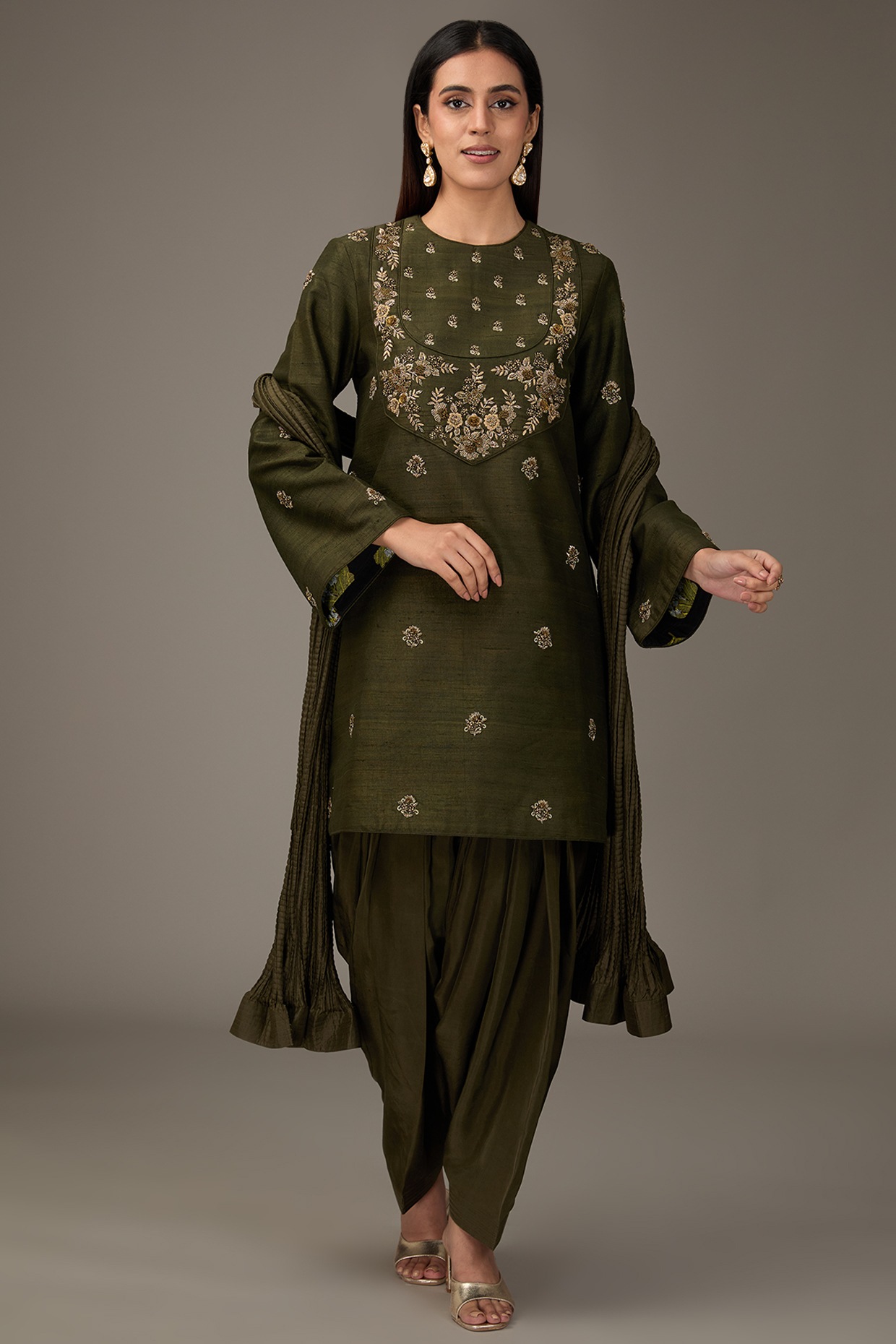 Dark Olive Green Raw Silk Zardosi Work Kurta Set by RICHA