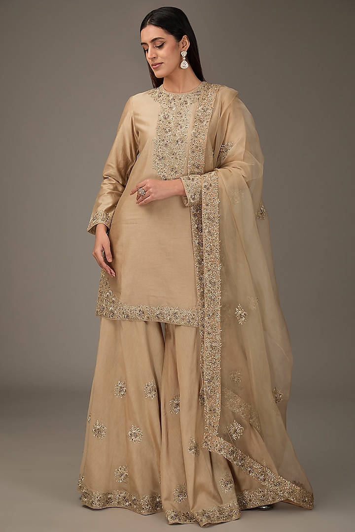 Beige Chanderi Silk Sequins Embroidered Sharara Set by RICHA AHLUWALIA at Pernia's Pop Up Shop