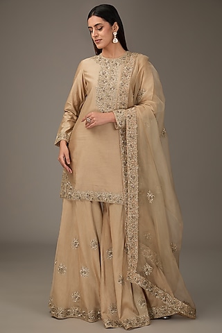 Beige Chanderi Silk Sequins Embroidered Sharara Set by RICHA AHLUWALIA