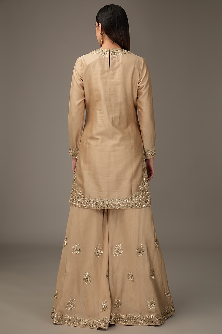 Beige Chanderi Silk Sequins Embroidered Wedding Sharara Set by RICHA AHLUWALIA at Pernia's Pop Up Shop