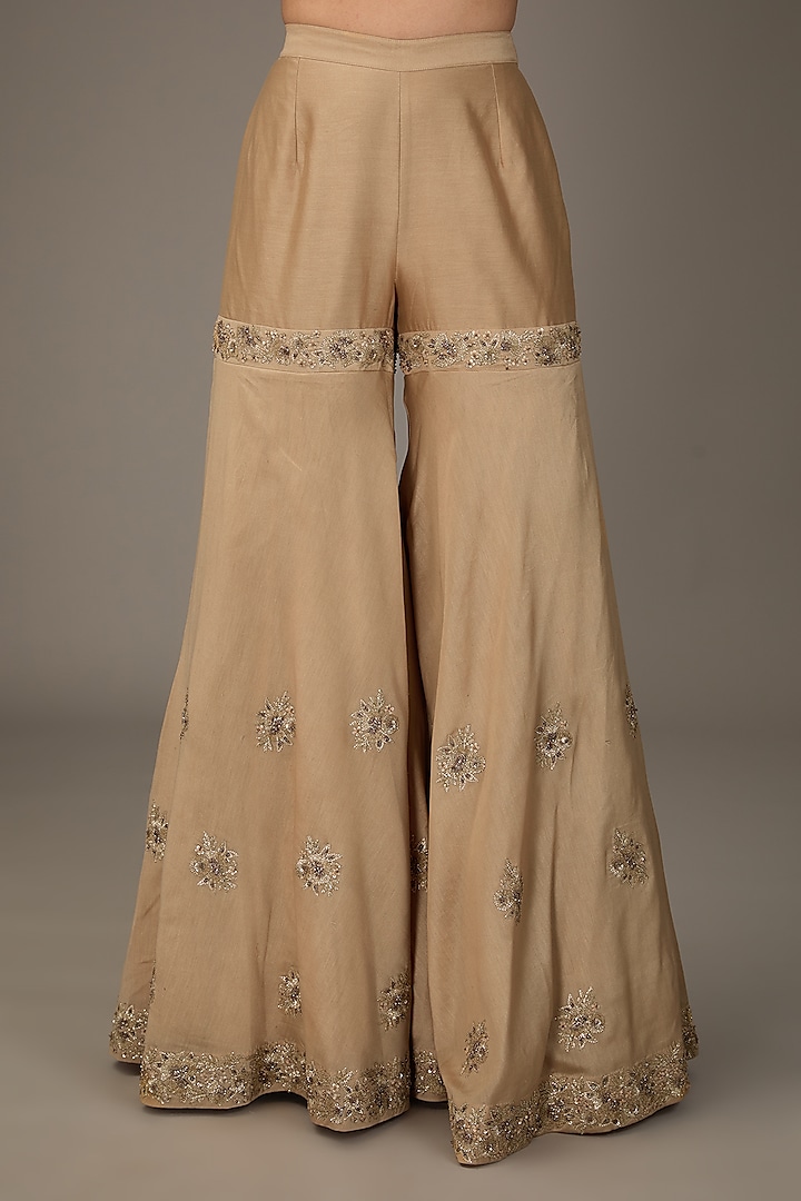 Beige Chanderi Silk Sequins Embroidered Wedding Sharara Set by RICHA AHLUWALIA at Pernia's Pop Up Shop