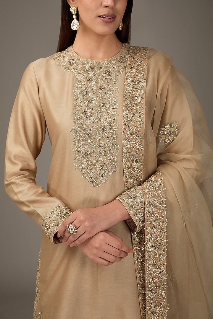 Beige Chanderi Silk Sequins Embroidered Wedding Sharara Set by RICHA AHLUWALIA at Pernia's Pop Up Shop