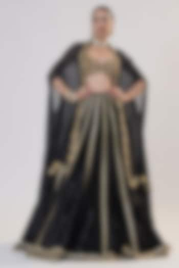 Black Silk Velvet Zardosi Embroidered Jacket Bridal Lehenga Set by RICHA AHLUWALIA at Pernia's Pop Up Shop