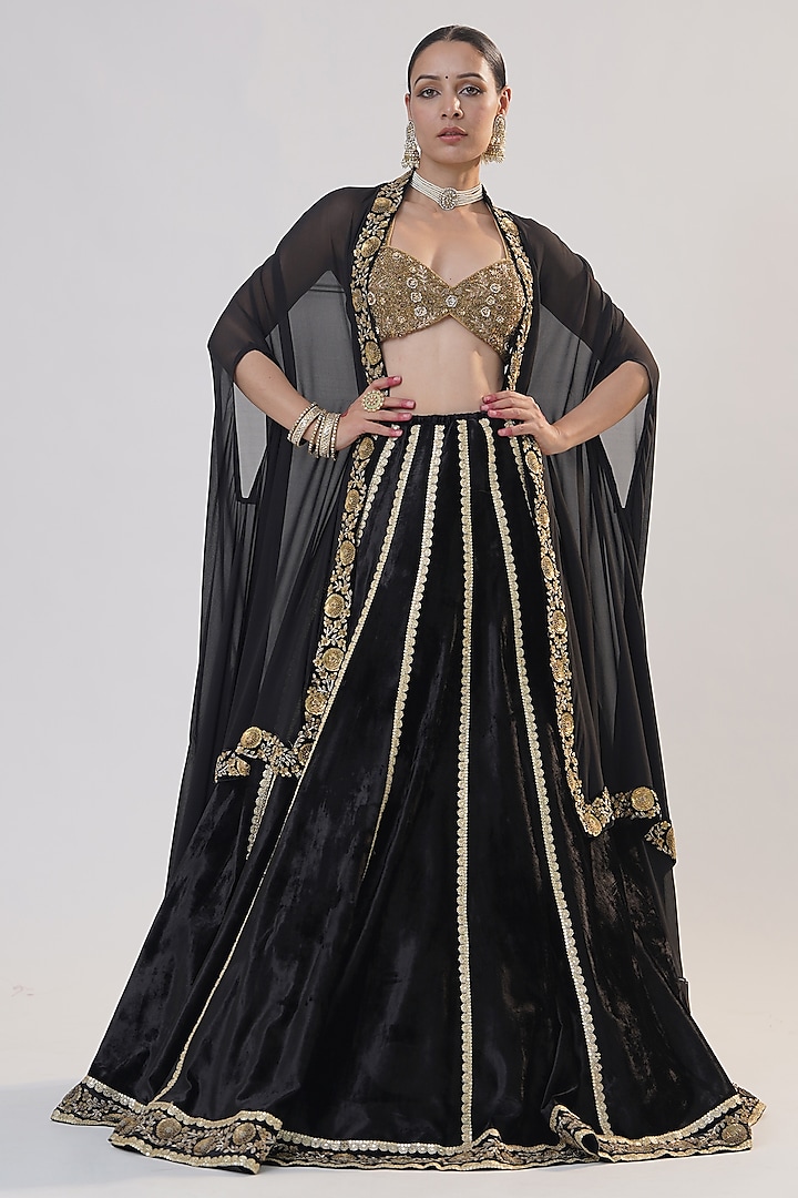 Black Silk Velvet Zardosi Embroidered Jacket Bridal Lehenga Set by RICHA AHLUWALIA at Pernia's Pop Up Shop