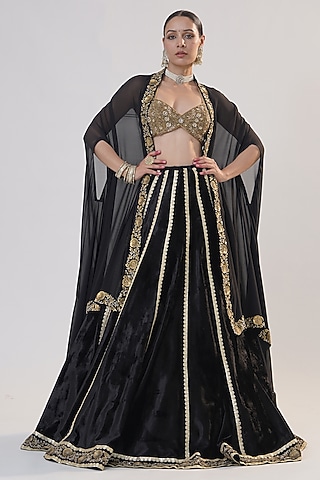 Black Silk Velvet Zardosi Embroidered Jacket Lehenga Set by RICHA AHLUWALIA
