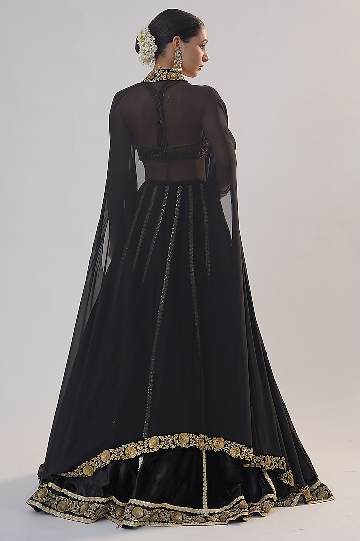 Black Silk Velvet Zardosi Embroidered Jacket Bridal Lehenga Set by RICHA AHLUWALIA at Pernia's Pop Up Shop