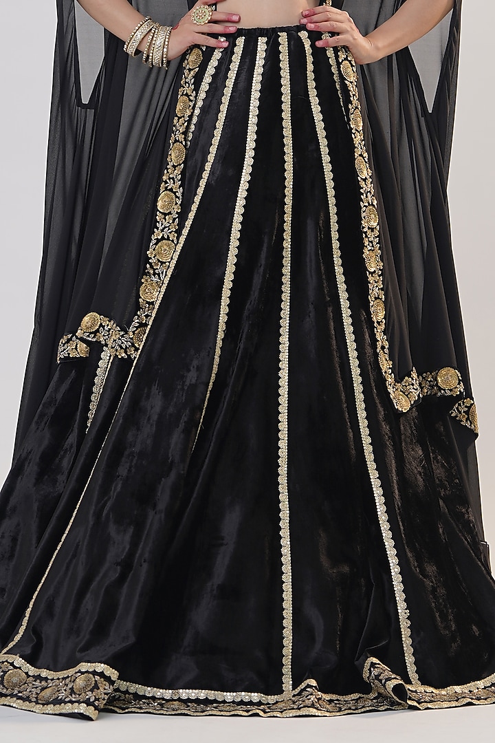 Black Silk Velvet Zardosi Embroidered Jacket Bridal Lehenga Set by RICHA AHLUWALIA at Pernia's Pop Up Shop