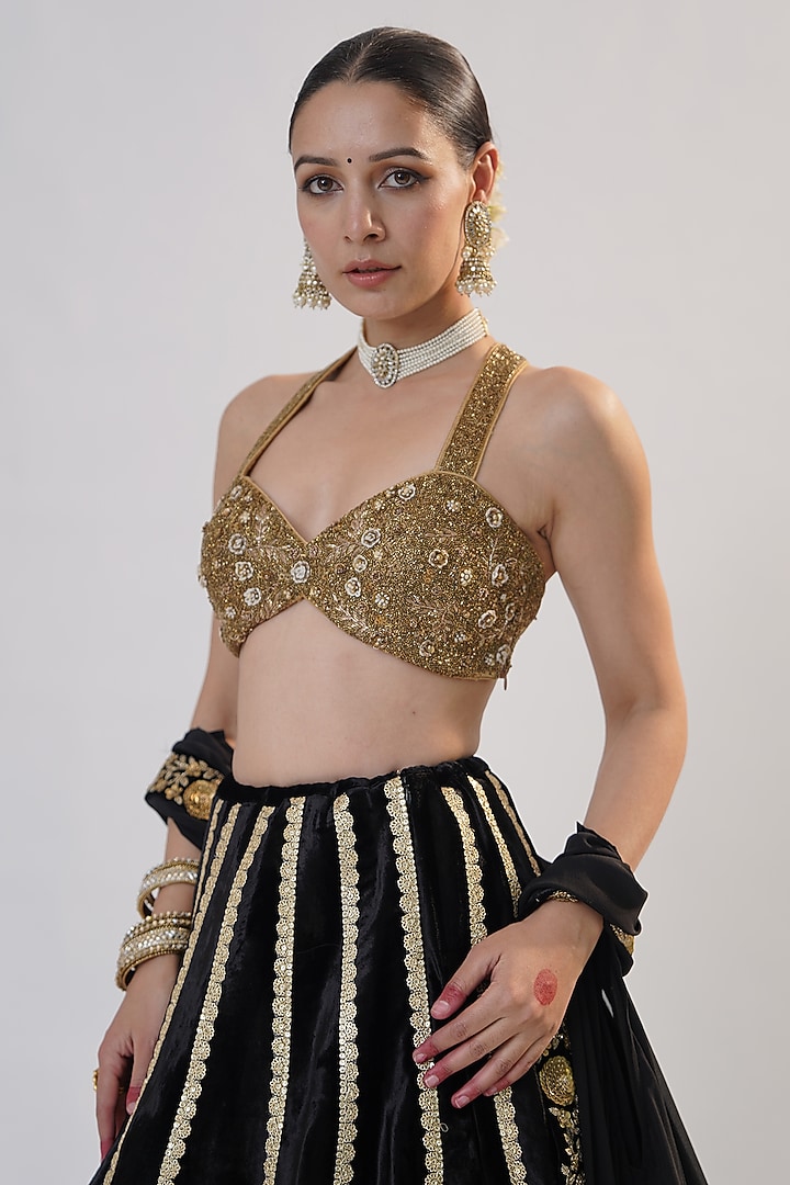 Black Silk Velvet Zardosi Embroidered Jacket Bridal Lehenga Set by RICHA AHLUWALIA at Pernia's Pop Up Shop