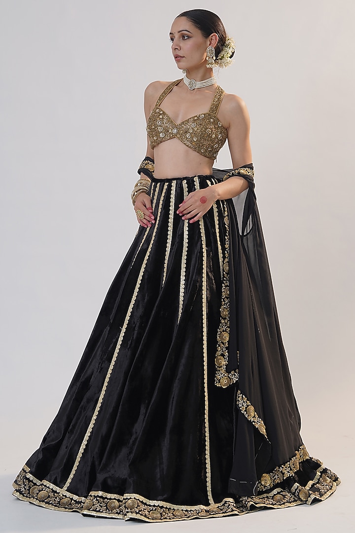 Black Silk Velvet Zardosi Embroidered Jacket Bridal Lehenga Set by RICHA AHLUWALIA at Pernia's Pop Up Shop