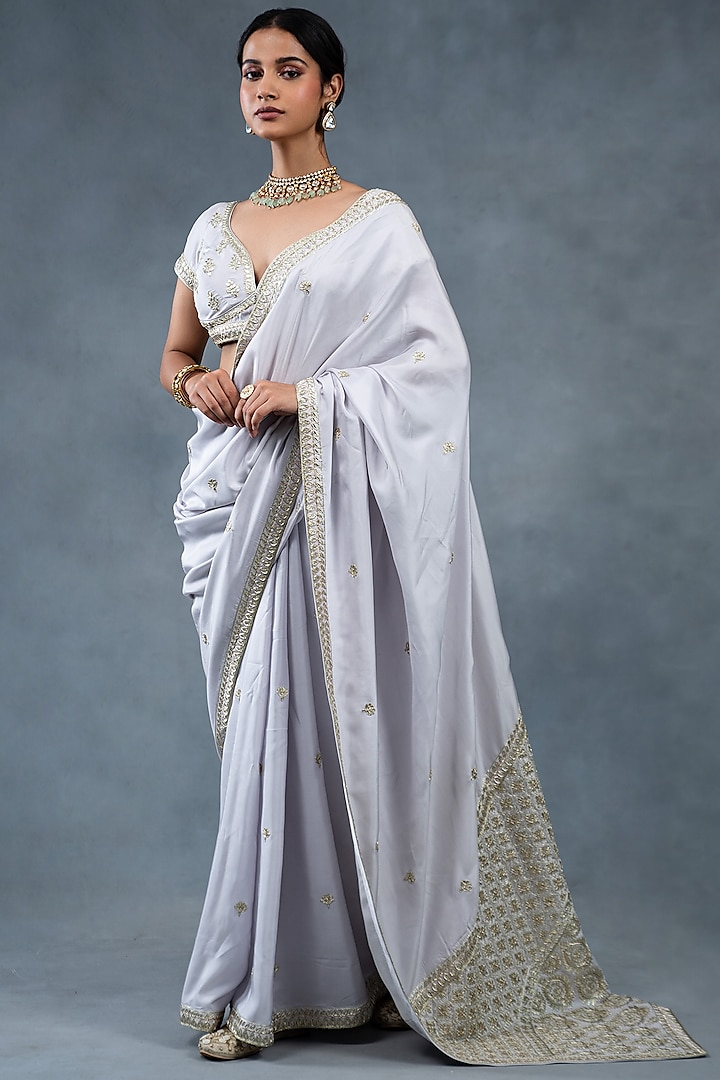 Light Grey Habutai Silk Hand & Machine Embroidered Saree Set by RICHA AHLUWALIA at Pernia's Pop Up Shop