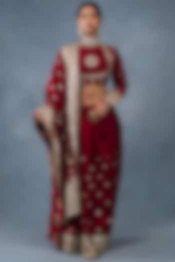 Cardinal Red Chanderi Hand & Machine Embroidered Saree Set by RICHA AHLUWALIA at Pernia's Pop Up Shop