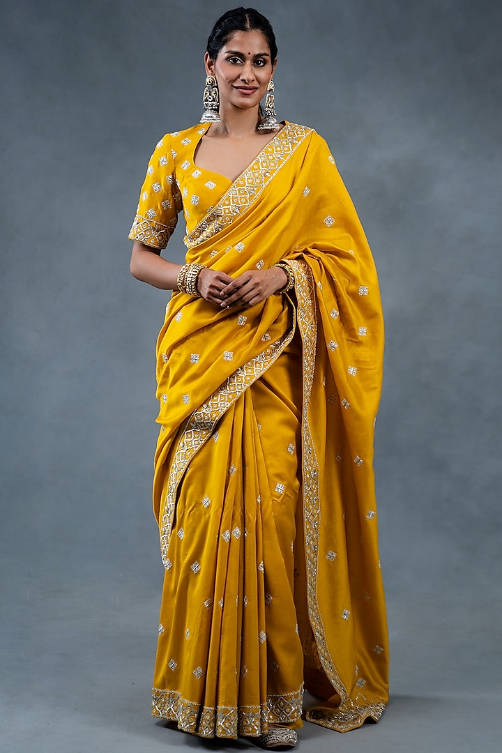 Mustard Yellow Chanderi Silk Hand & Machine Embroidered Saree Set by RICHA AHLUWALIA at Pernia's Pop Up Shop