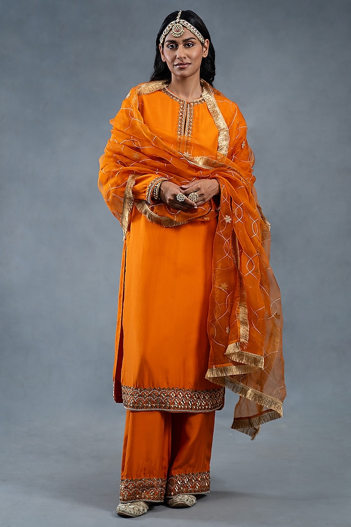 Orange Habutai Silk Zardosi Embroidered Kurta Set by RICHA AHLUWALIA at Pernia's Pop Up Shop