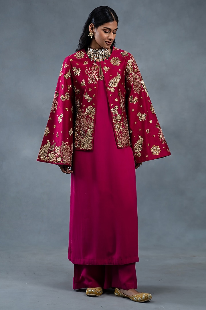 Hot pink Chanderi Hand Embroidered Jacket by RICHA AHLUWALIA