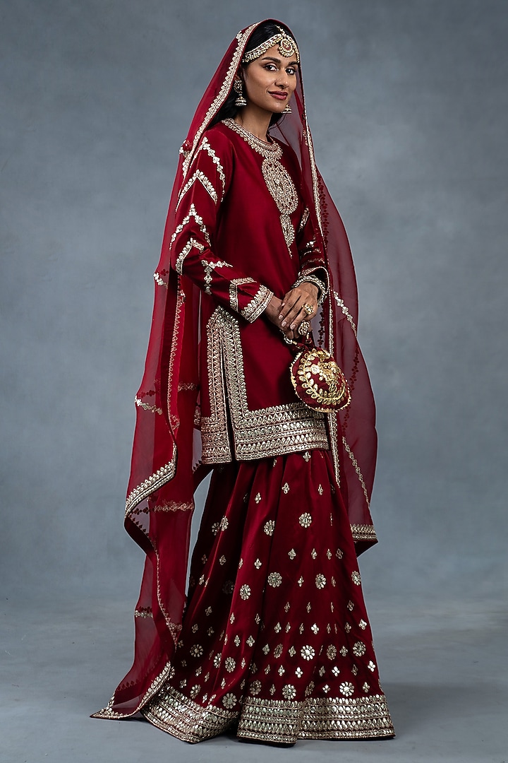 Cardinal Red Chanderi Zardosi Hand & Machine Embroidered Sharara Set by RICHA AHLUWALIA at Pernia's Pop Up Shop