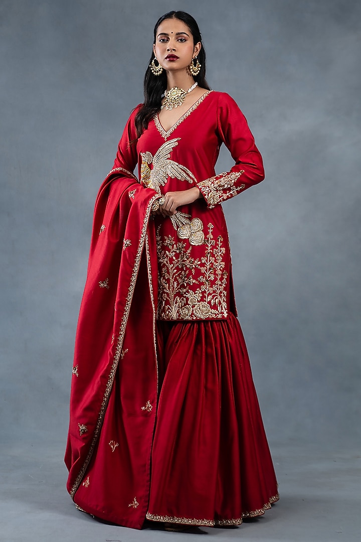 Red Chanderi Hand & Machine Embroidered Sharara Set by RICHA AHLUWALIA at Pernia's Pop Up Shop