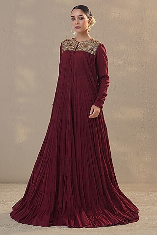 Plum Mulmul Hand & Machine Embroidered Dress by RICHA AHLUWALIA