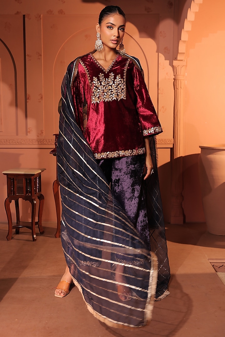 Midnight Blue Velvet Palazzo Pant Set by RICHA AHLUWALIA at Pernia's Pop Up Shop