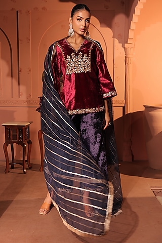 Midnight Blue Velvet Palazzo Pant Set by RICHA AHLUWALIA