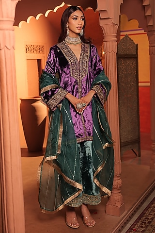 Purple Silk Velvet Sequins & Zardosi Hand Embroidered Kurta Set by RICHA AHLUWALIA