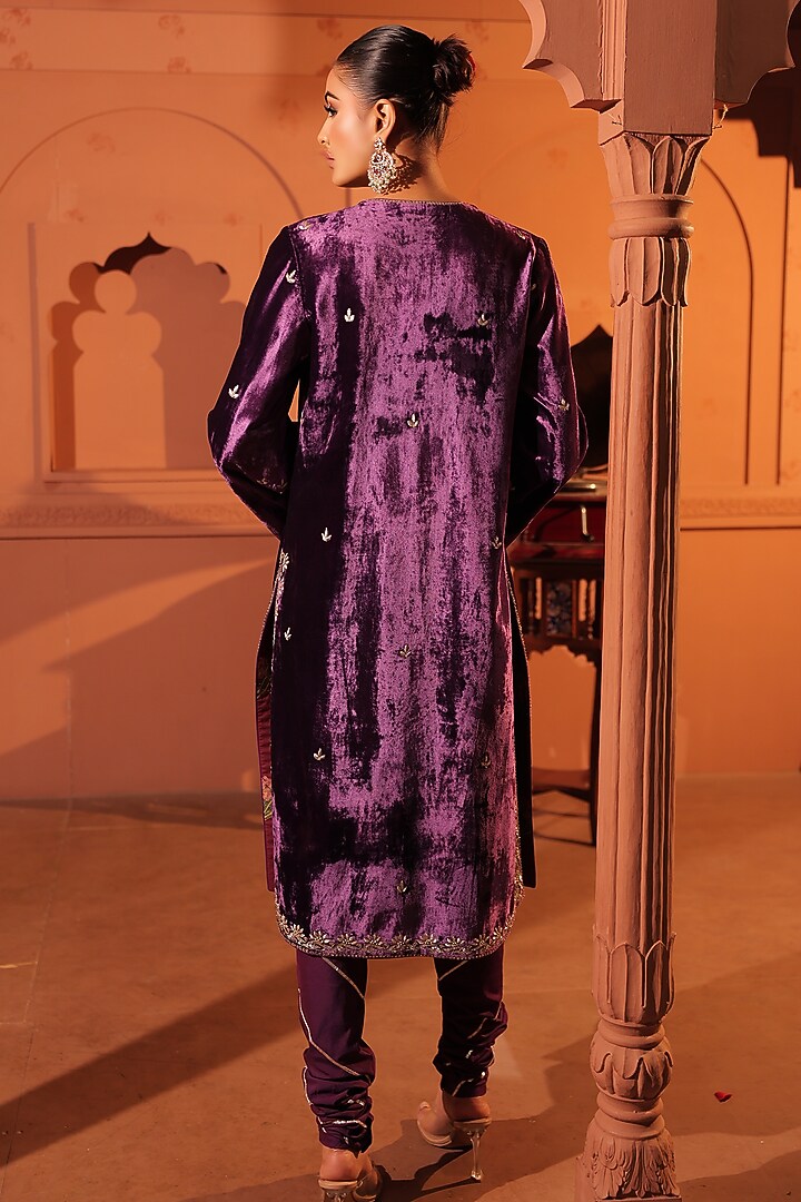 Purple Silk Velvet Kasab & Zardosi Hand Embroidered Kurta Set by RICHA AHLUWALIA at Pernia's Pop Up Shop