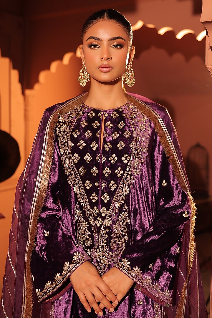 Purple Silk Velvet Kasab & Zardosi Hand Embroidered Kurta Set by RICHA AHLUWALIA at Pernia's Pop Up Shop