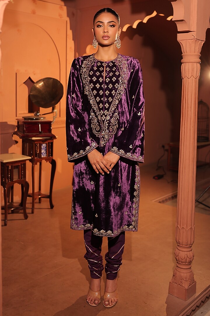 Purple Silk Velvet Kasab & Zardosi Hand Embroidered Kurta Set by RICHA AHLUWALIA at Pernia's Pop Up Shop