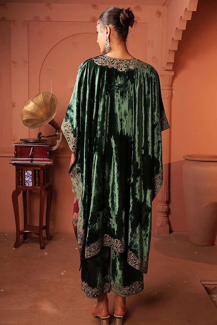 Emerald Silk Velvet Sequins & Zardosi Hand Embroidered Kaftan Set by RICHA AHLUWALIA at Pernia's Pop Up Shop