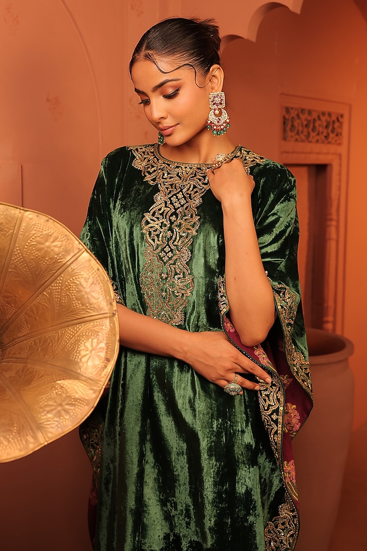 Emerald Silk Velvet Sequins & Zardosi Hand Embroidered Kaftan Set by RICHA AHLUWALIA at Pernia's Pop Up Shop