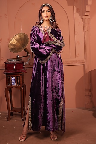 Purple Silk Velvet Kasab & Sequins Hand Embroidered Kaftan by RICHA AHLUWALIA