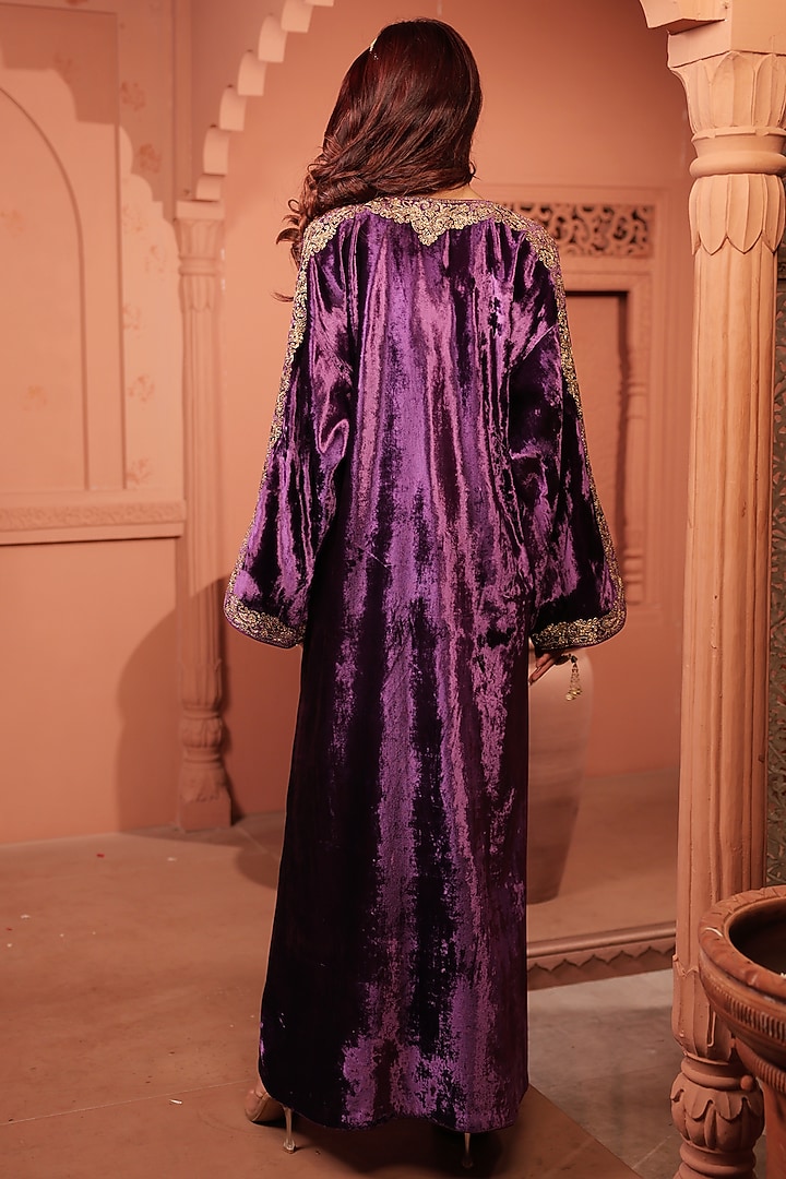 Purple Silk Velvet Kasab & Sequins Hand Embroidered Kaftan by RICHA AHLUWALIA at Pernia's Pop Up Shop