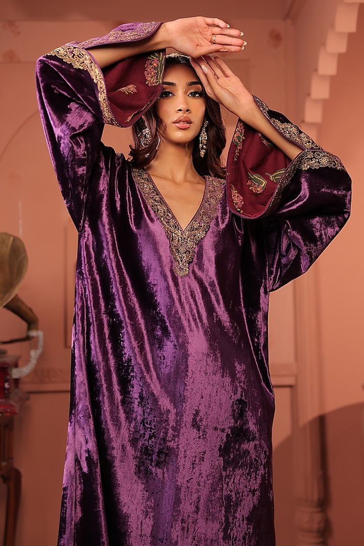 Purple Silk Velvet Kasab & Sequins Hand Embroidered Kaftan by RICHA AHLUWALIA at Pernia's Pop Up Shop