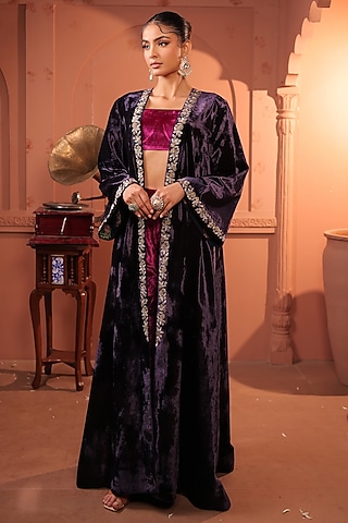 Midnight Purple Silk Velvet Zardosi Hand Embroidered Jacket Set by RICHA AHLUWALIA