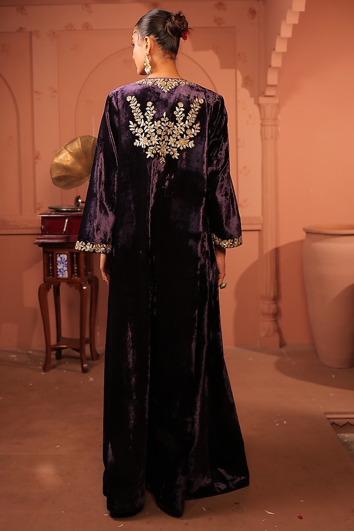 Midnight Purple Silk Velvet Zardosi Hand Embroidered Jacket Set by RICHA AHLUWALIA at Pernia's Pop Up Shop