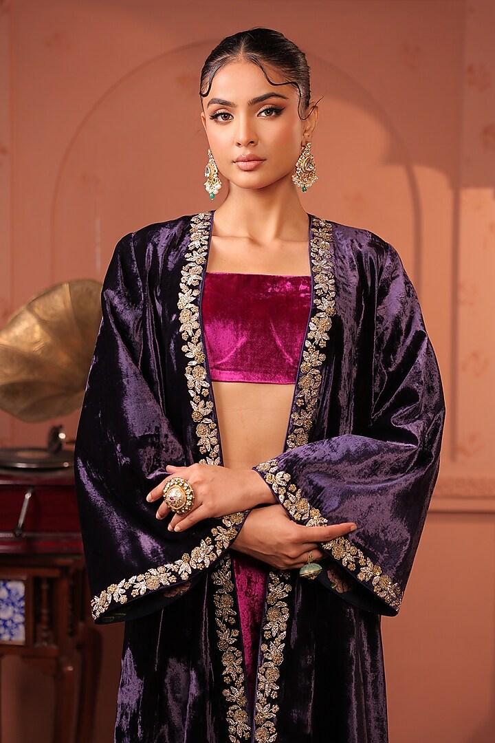 Midnight Purple Silk Velvet Zardosi Hand Embroidered Jacket Set by RICHA AHLUWALIA at Pernia's Pop Up Shop