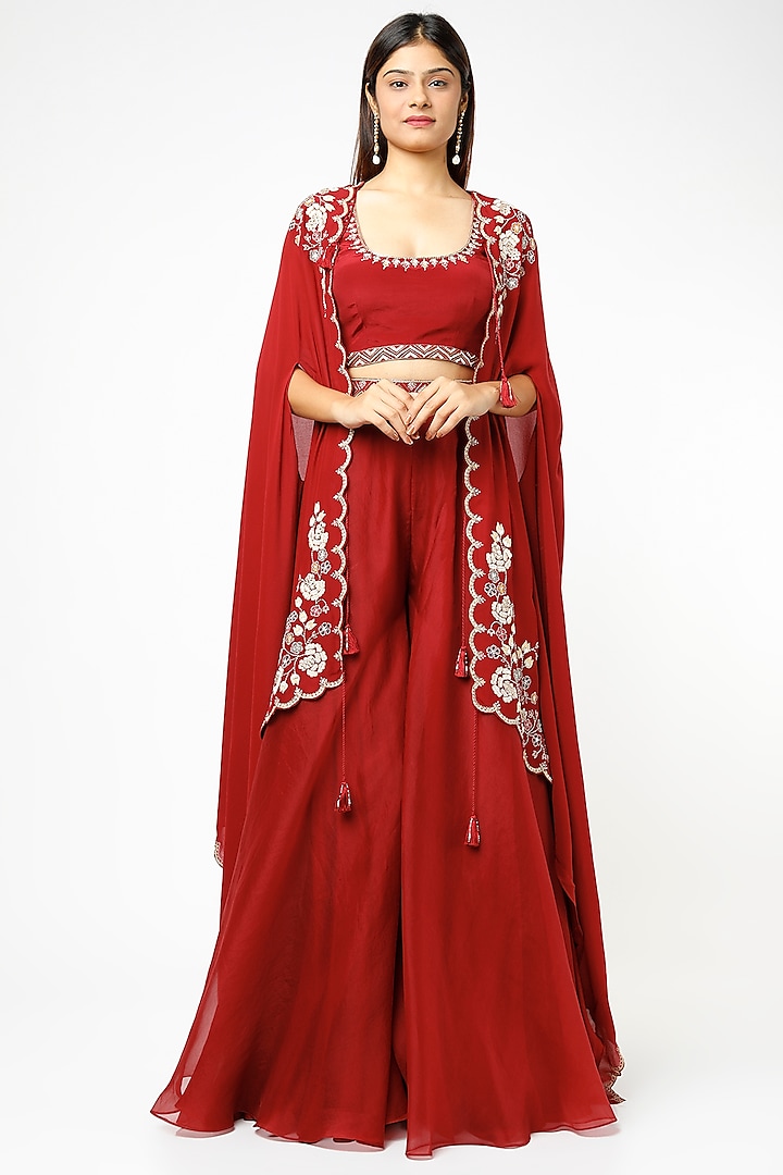 Red Georgette Embroidered Lehenga Set by Ridhi agarwal