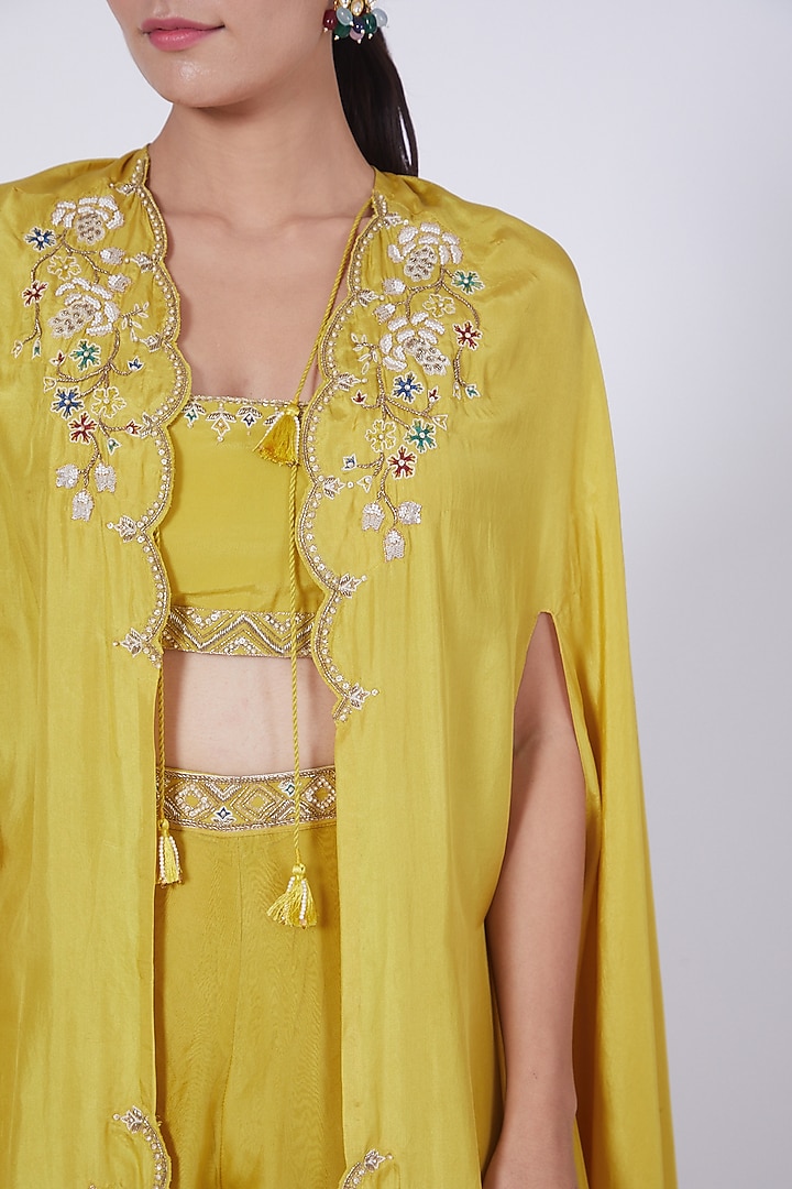 Mustard Silk Hand Embroidered Cape Set by Ridhi agarwal at Pernia's Pop Up Shop