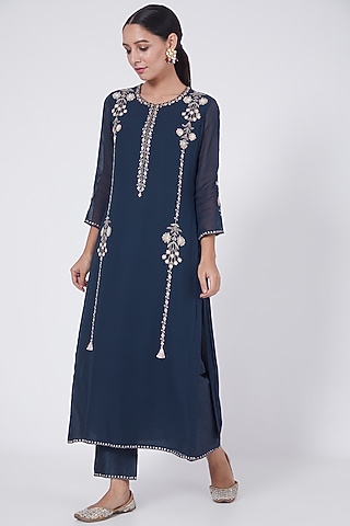 Cobalt Blue Thread Hand Embroidered Kurta Set by Ridhi agarwal