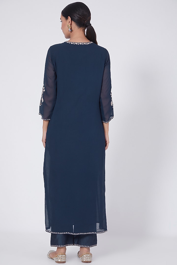 Cobalt Blue Thread Hand Embroidered Kurta Set by Ridhi agarwal at Pernia's Pop Up Shop
