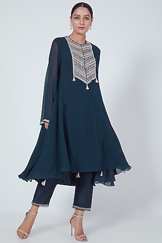 Cobalt Blue Hand Embroidered Flared Kurta Set by Ridhi agarwal