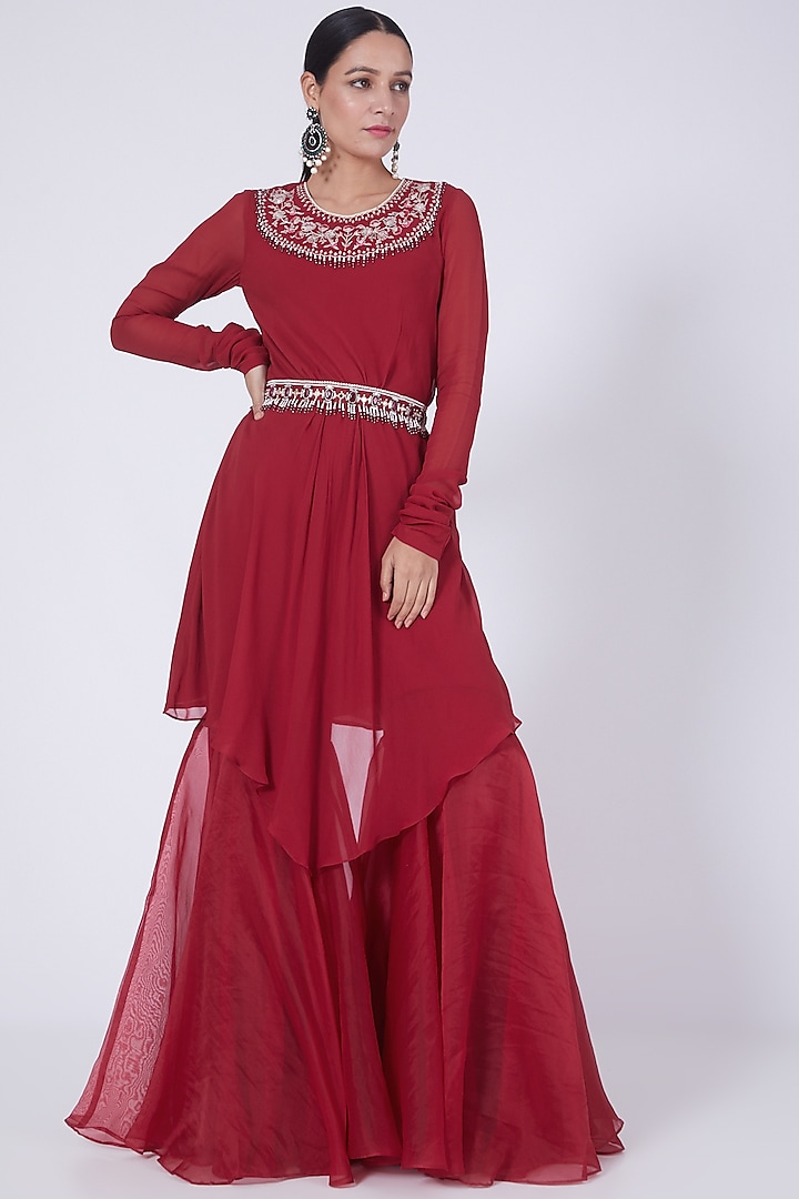 Red Georgette Hand Embroidered Asymmetrical Kurta Set by Ridhi agarwal