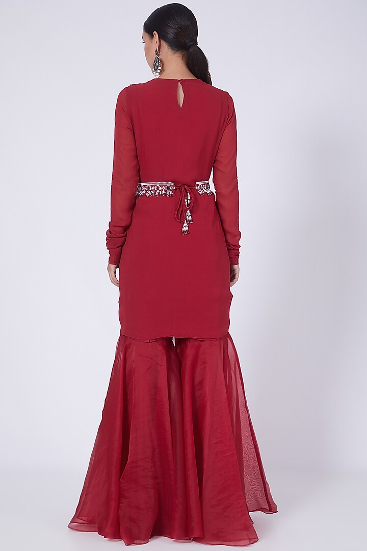 Red Georgette Hand Embroidered Asymmetrical Kurta Set by Ridhi agarwal at Pernia's Pop Up Shop