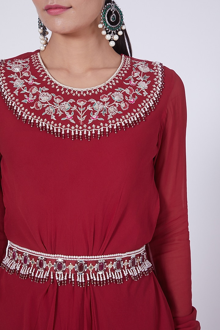 Red Georgette Hand Embroidered Asymmetrical Kurta Set by Ridhi agarwal at Pernia's Pop Up Shop