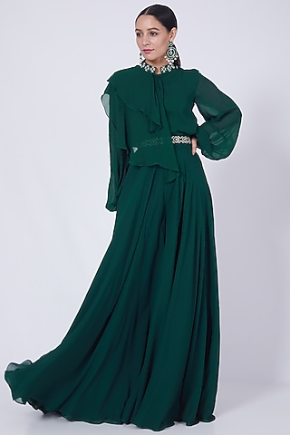 Emerald Green Georgette Flared Pant Set by Ridhi agarwal