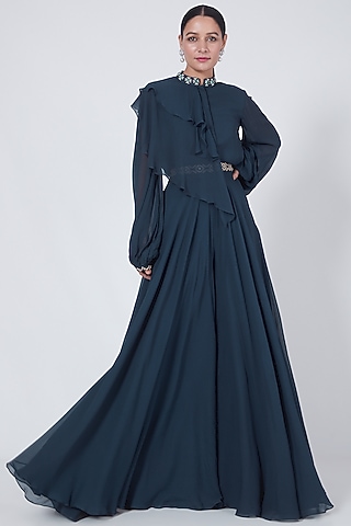 Navy Blue Georgette Flared Pant Set by Ridhi agarwal