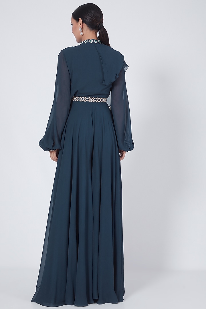 Navy Blue Georgette Flared Pant Set by Ridhi agarwal at Pernia's Pop Up Shop
