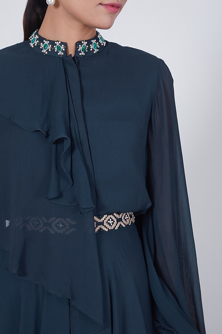 Navy Blue Georgette Flared Pant Set by Ridhi agarwal at Pernia's Pop Up Shop