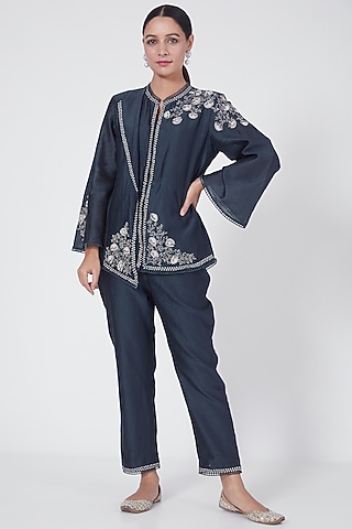 Navy Blue Silk Chanderi Pant Set by Ridhi agarwal